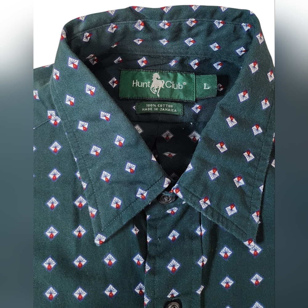 Hunt Club Large Hunter Green Geometric Print Cotton Casual Button Down Shirt